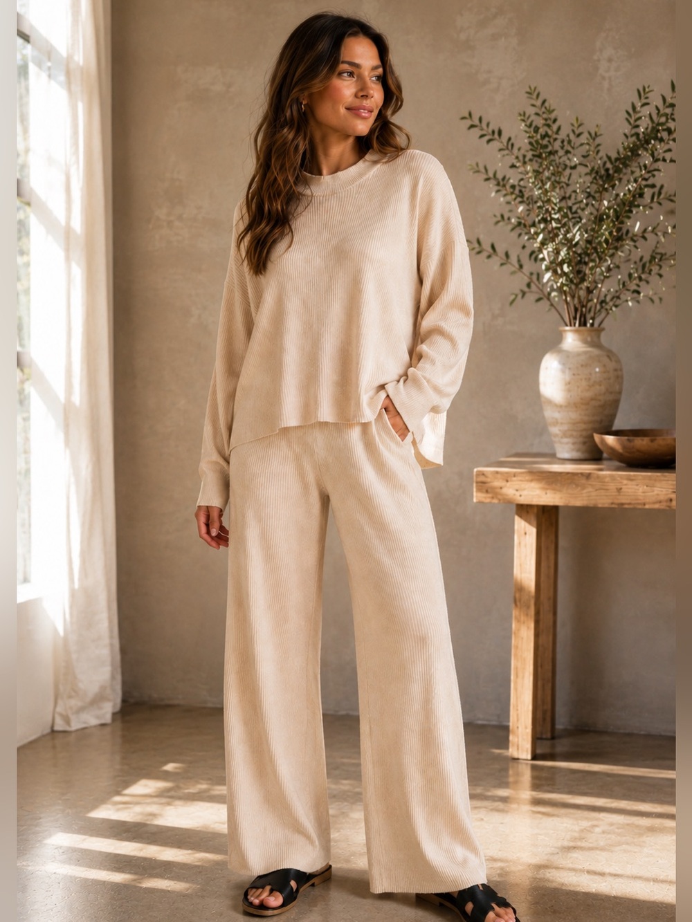 375. Women’s Light Beige Viscose Cozy Ribbed Lounge Top & Pant Set NEW